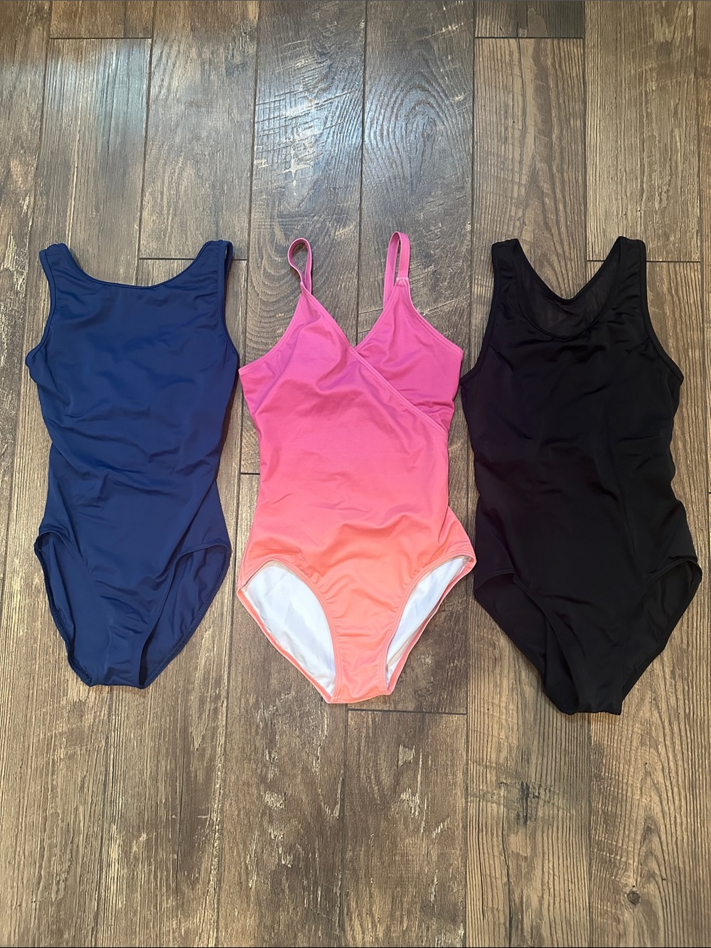 3-Pack Dance Leotards in Navy, Pink-Orange Ombre, and Black